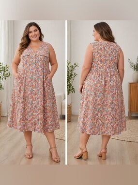 Sleeveless Floral Shift Dress - Orange Floral 18/20 XXL